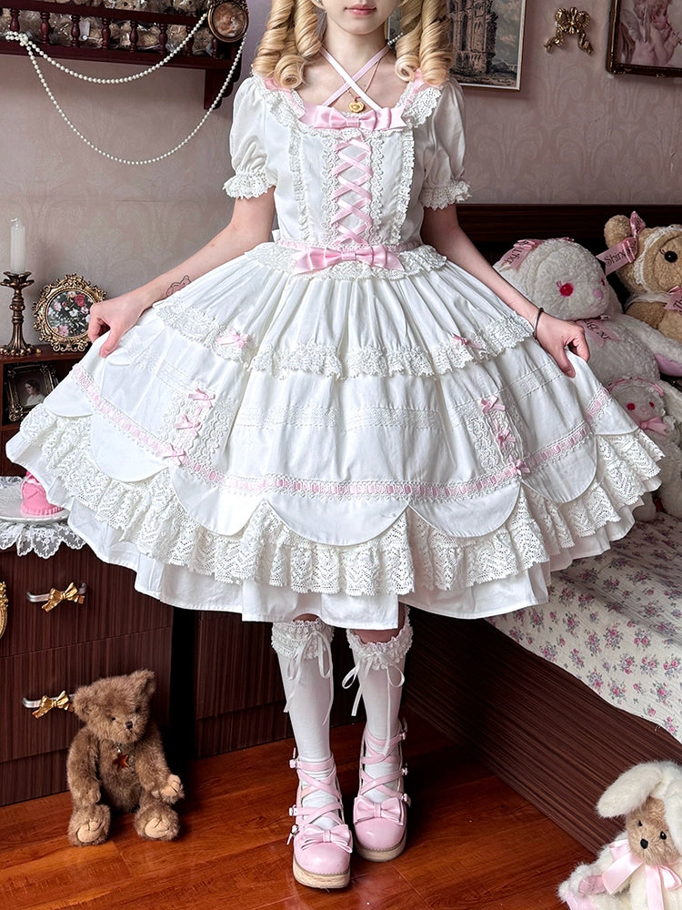 AerialCat~Cream Petal~Old School Lolita OP Dress Cotton Lolita Dress White + Blue Ribbon - OP S 