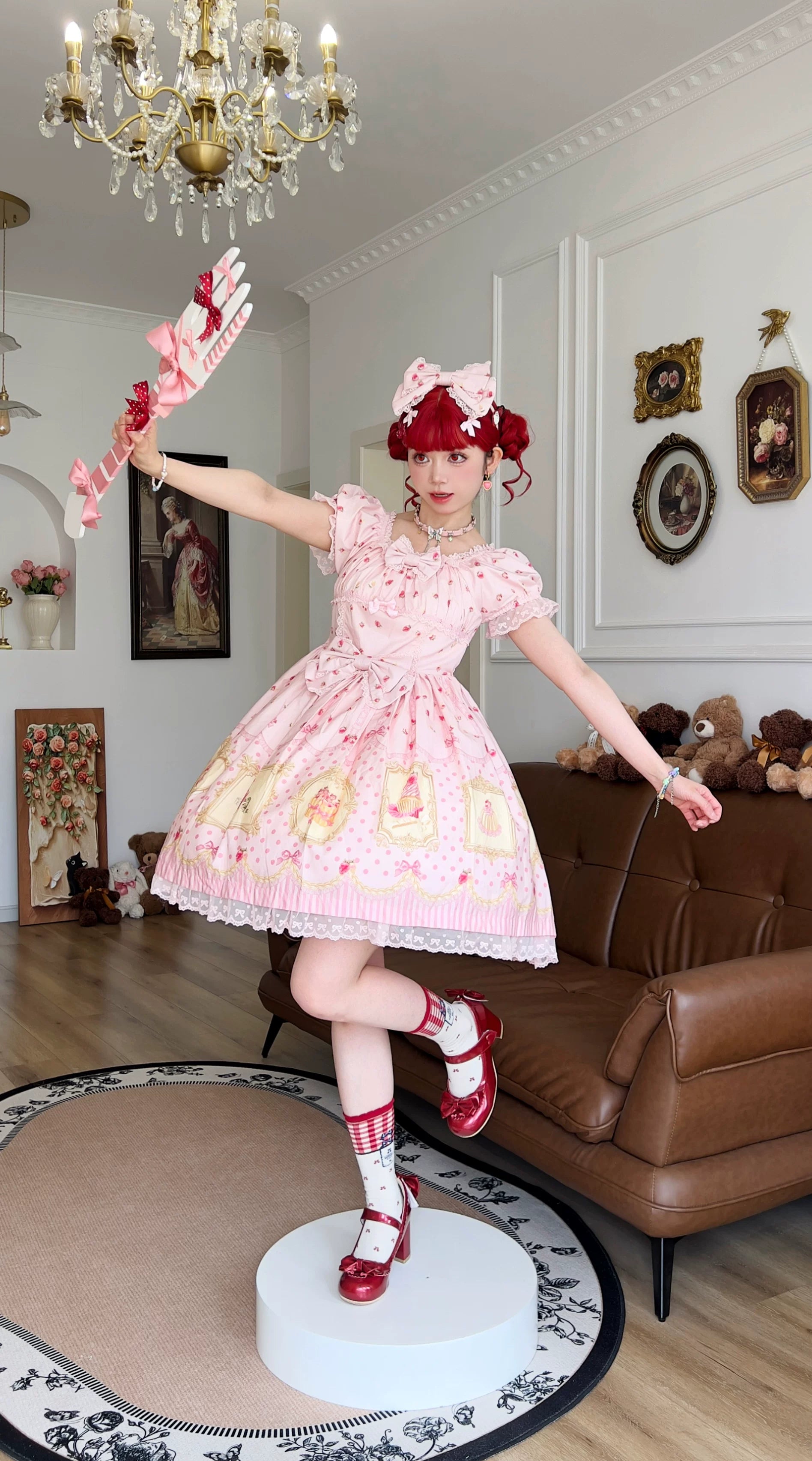 Pink Jade Strawberry - Sweet Lolita Strawberry Print JSK & OP Dress with Lace 45278:845312