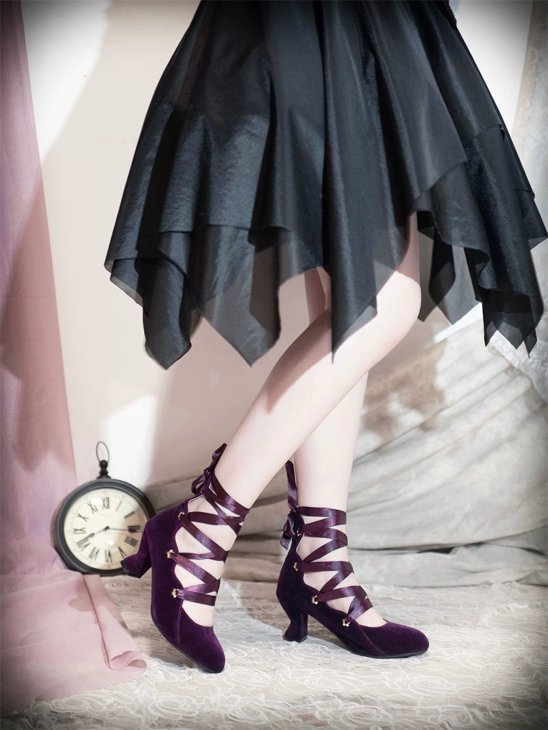MR.Qiutian - Forbidden Dance - Elegant Lolita Velvet Shoes, Adjustable Lace-Up Straps