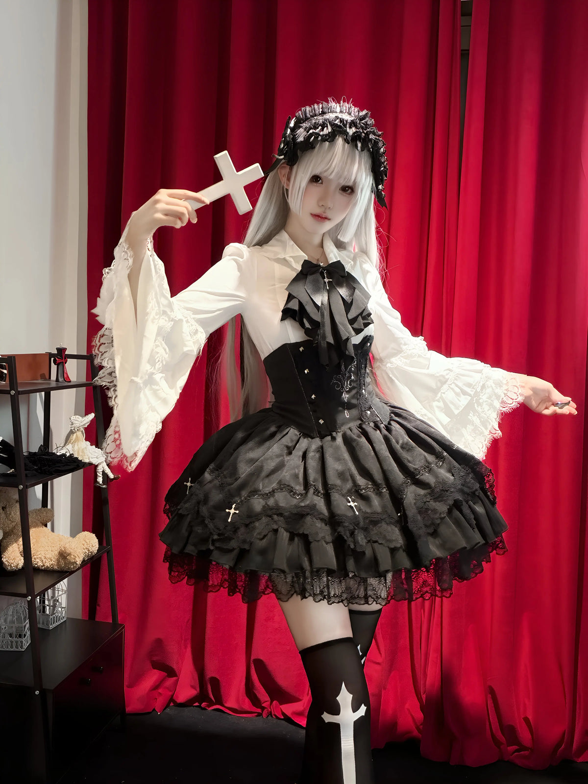 Halloween Gothic Lolita Boned Skirt with Cross Accent 46086:874278