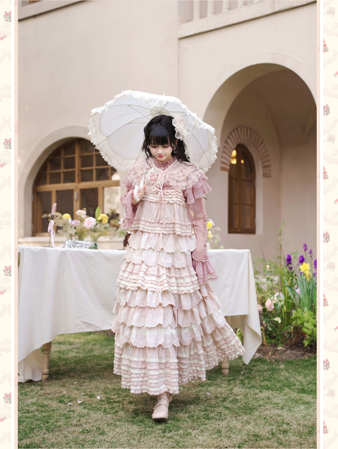 MEEKWIND~Dessert Bunny~Kawaii Lolita Dress Suit Bunny Printed OP and Tiered Ruffle JSK Pink S JSK only