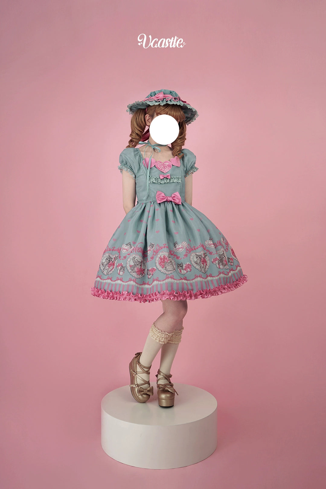 Vcastle~Love God Kitty~Sweet Lolita Dress Short Sleeve OP JSK Bonnet S - Cyan OP  
