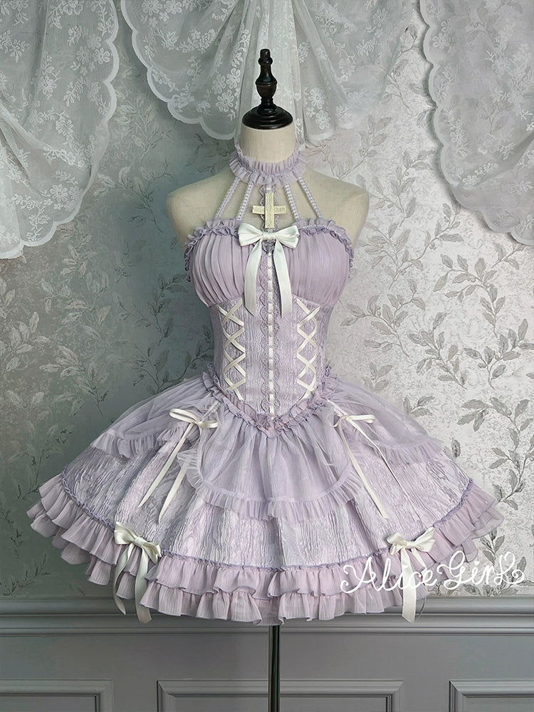 Alice Girl~Cross Maiden~Gothic Lolita Purple JSK Dress With Cross Halterneck & Voile Overlay Lavender Dress Only XS