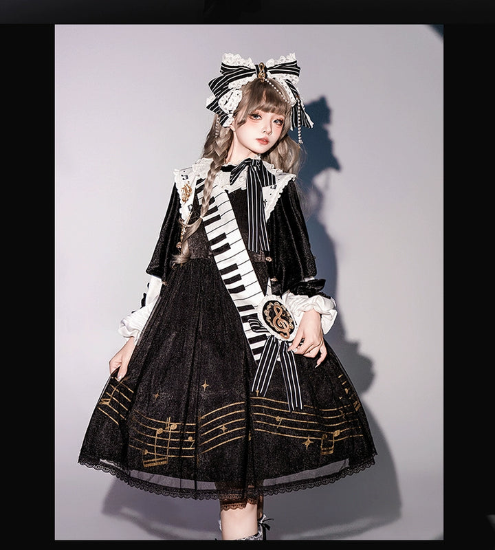 Forest Fluorescent Carps~Black and White Sonata~Ouji Lolita Vest Suit and Vintage Lolita OP Dress