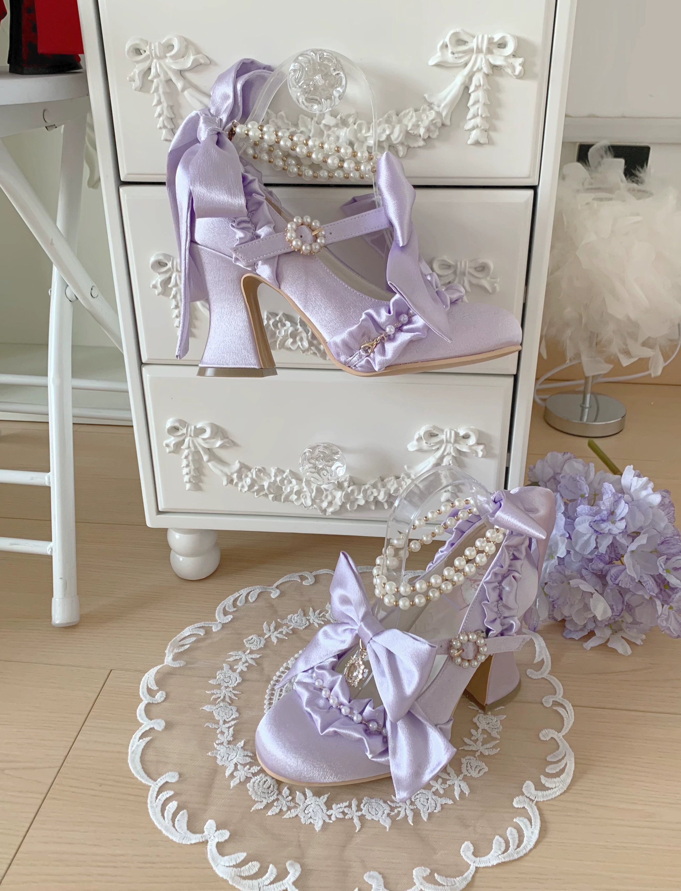 Ribbon Anthem - Gorgeous Classic Lolita Heels, Detachable Bow & Pearl 44639:815882