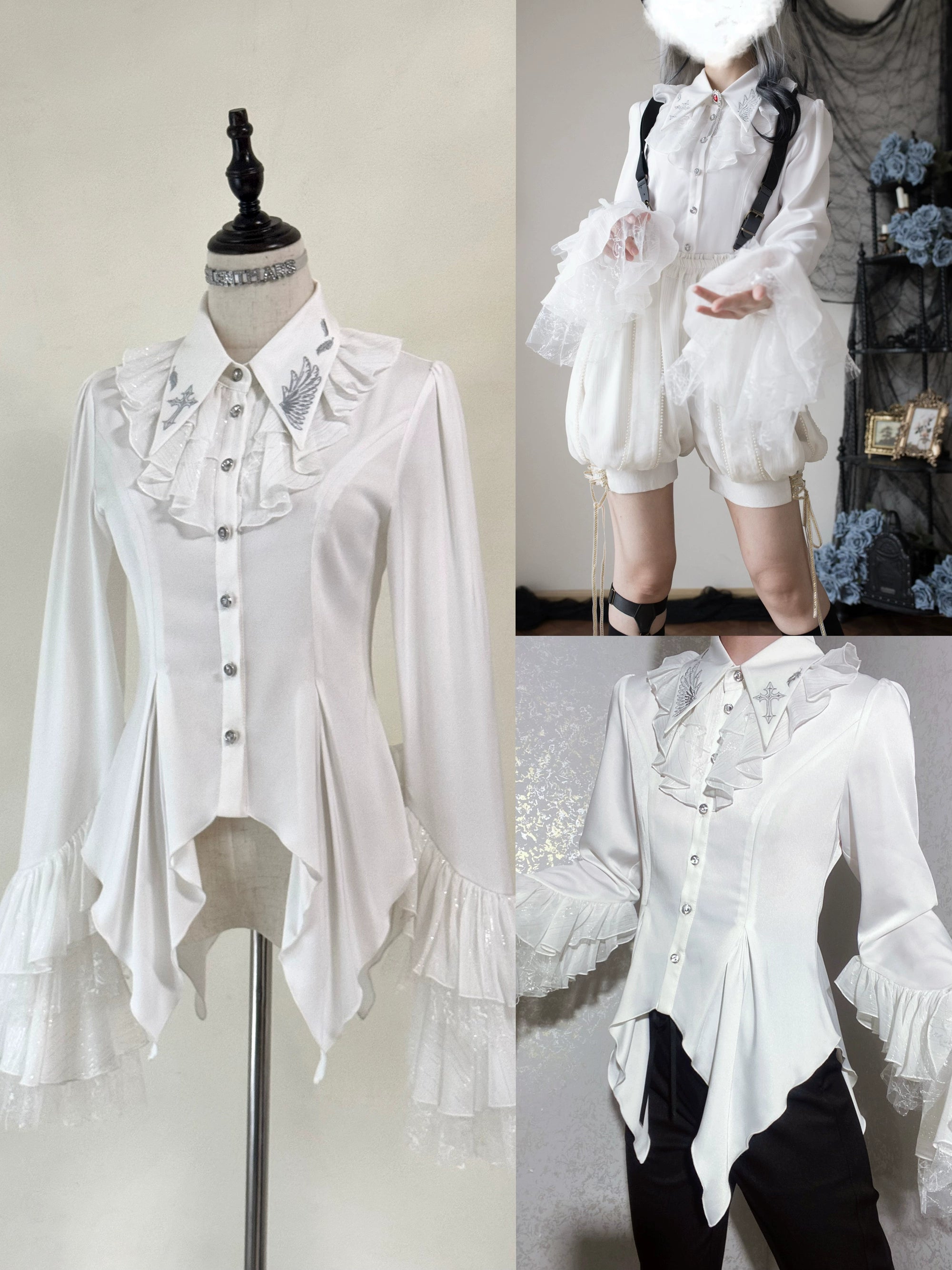 Silent Mars - Raven Crown - Gothic Lolita Suit Shirt Military Coat Skirt and Pants White Shirt Only (without bow tie) S