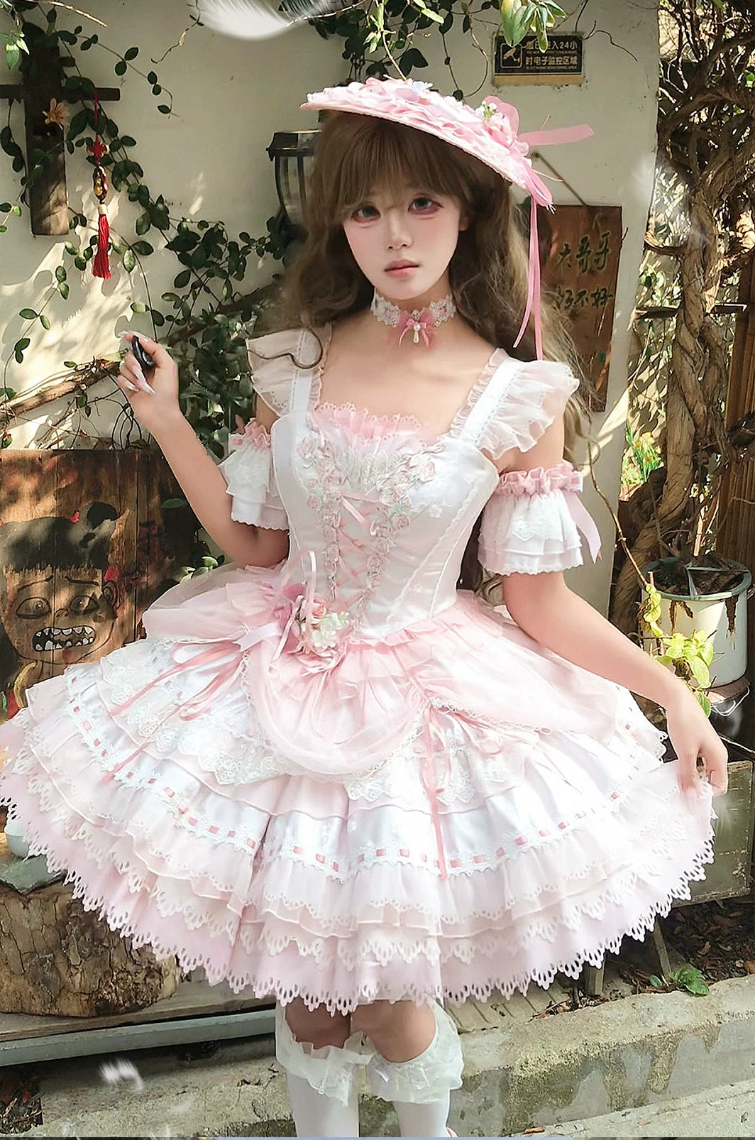 Yellow Blossom & Rose - Sweet Lolita Floral Embroidery JSK, Drawstring Lift-up Hem