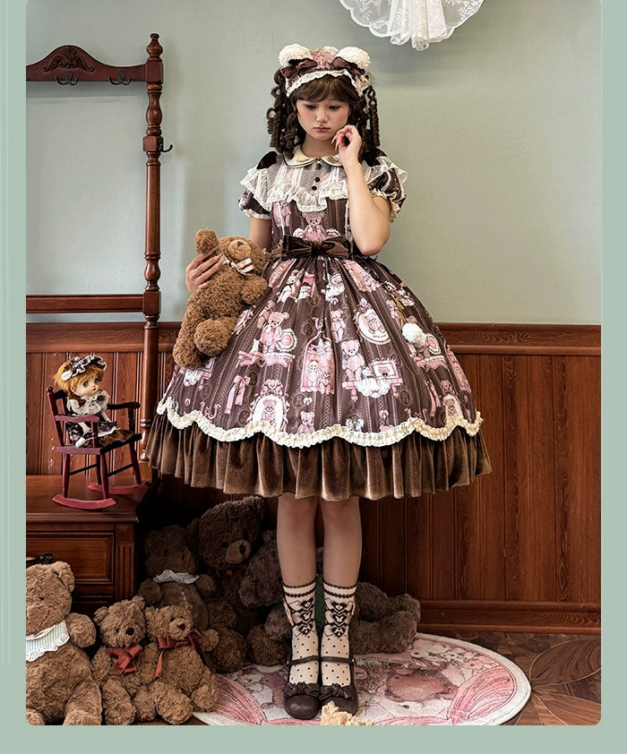 Alice Girl~Bear Doll Wall~Sweet Lolita OP Lovely Bear Print Dress   