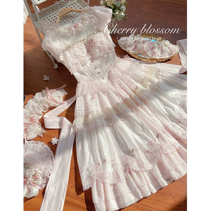 MieYe - Cherry Blossom - Pink Sweet Lolita Tiered Dress (OP / L M S XL) 43397:775330