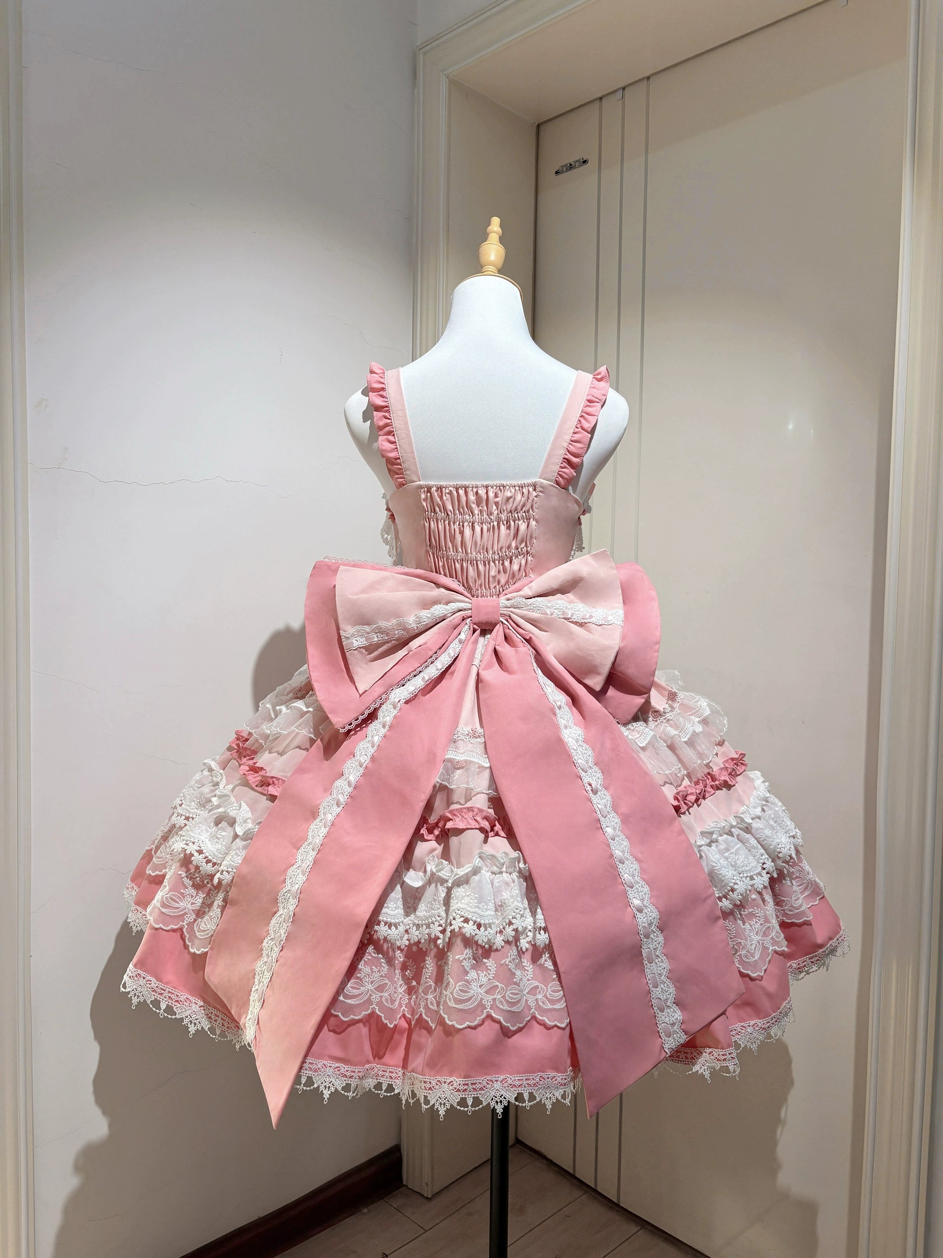 Qianmu - Girl's Secret - Pink Sweet Lolita JSK Dress with Lace and Bow Trailing Single Pink Trailing Only (One Size select M) S