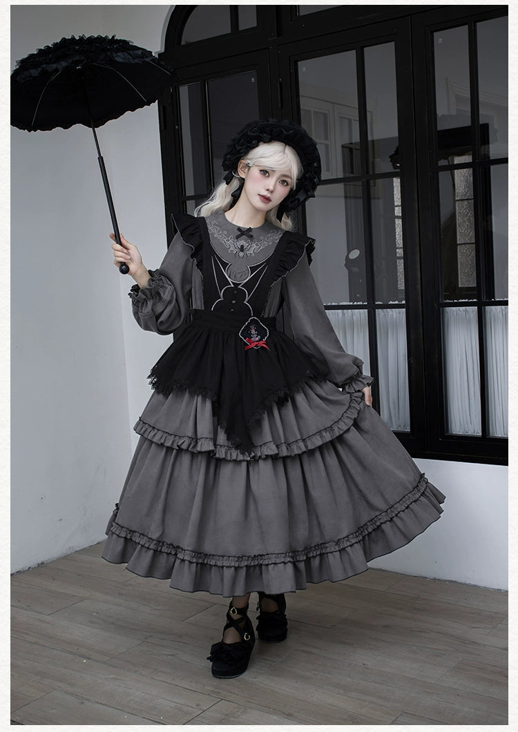 With PUJI~Castle Night~Gothic Twins Lolita OP Three-tiered Embroidery Dress