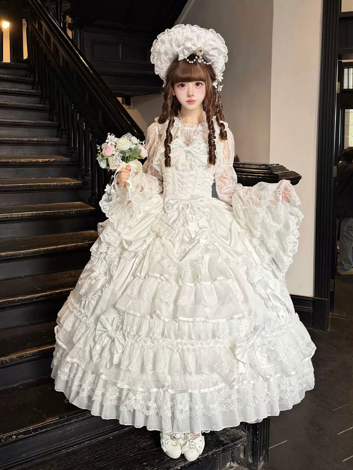 Drapery Poem - Sweet Wedding Lolita JSK Dress, Long Tiered Skirt White - JSK + Back Trailing Bow + BNT (without choker) S