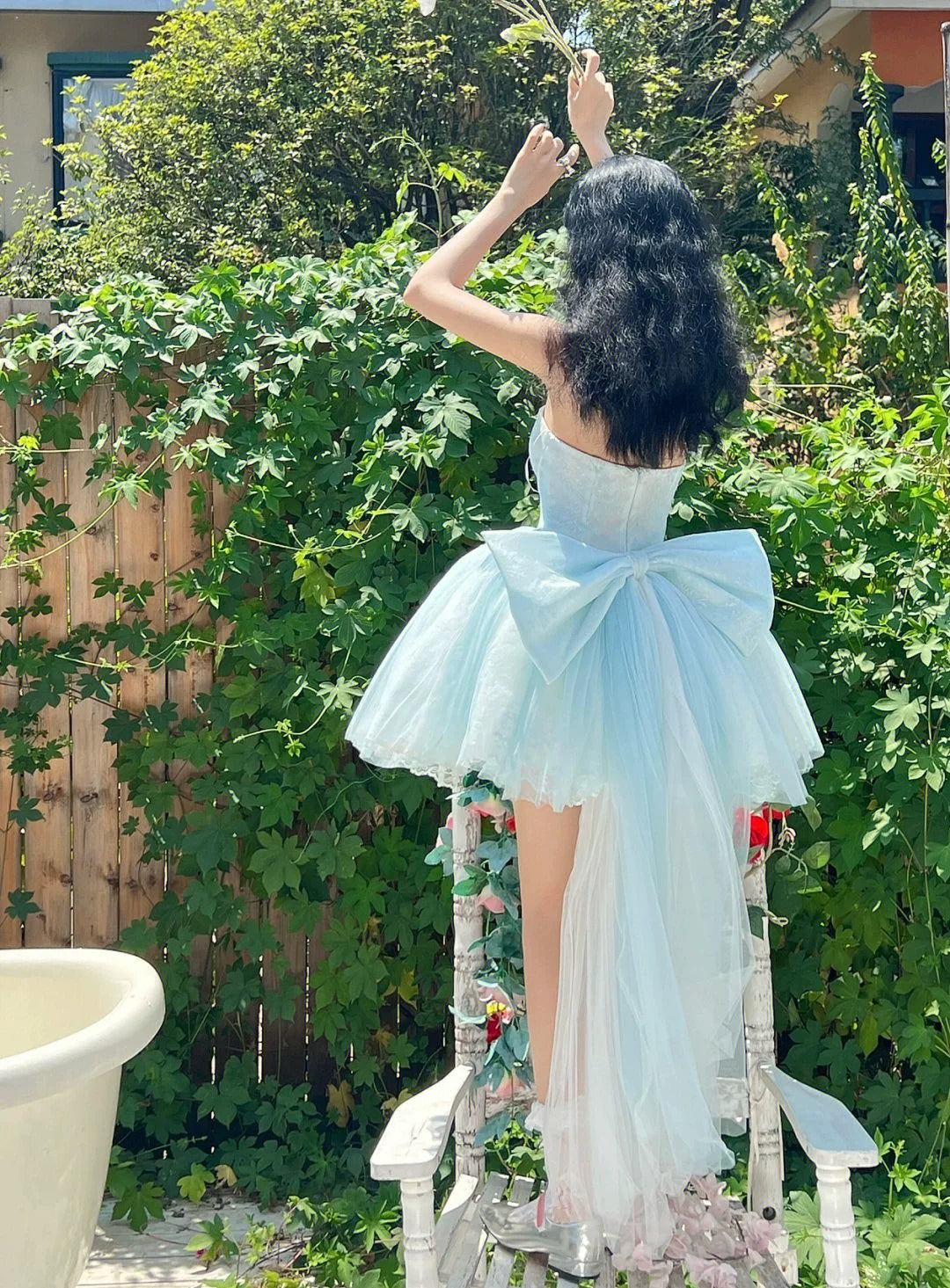 (BFM)1R Studio~Elegant Lolita Dress Blue Princess Strapless Puffy Dress XS blue bow trailinig veil 