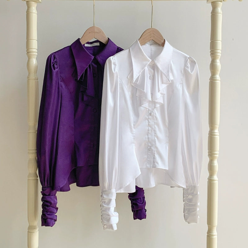 With PUJI - Thorn Night - Gothic Lolita Satin Shirt Solid Color Fake Two-Piece Blouse
