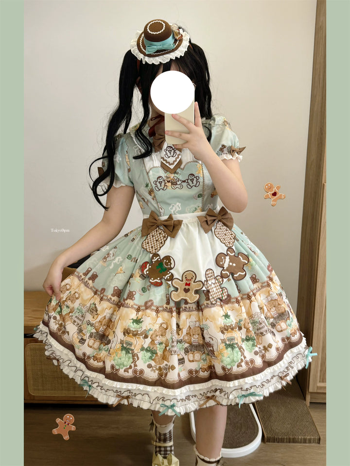 Babyblue~Little Bear Honey Jar~Kawaii Lolita Short Sleeve OP Gingerbread Man Embroidered Dress 40362:656824