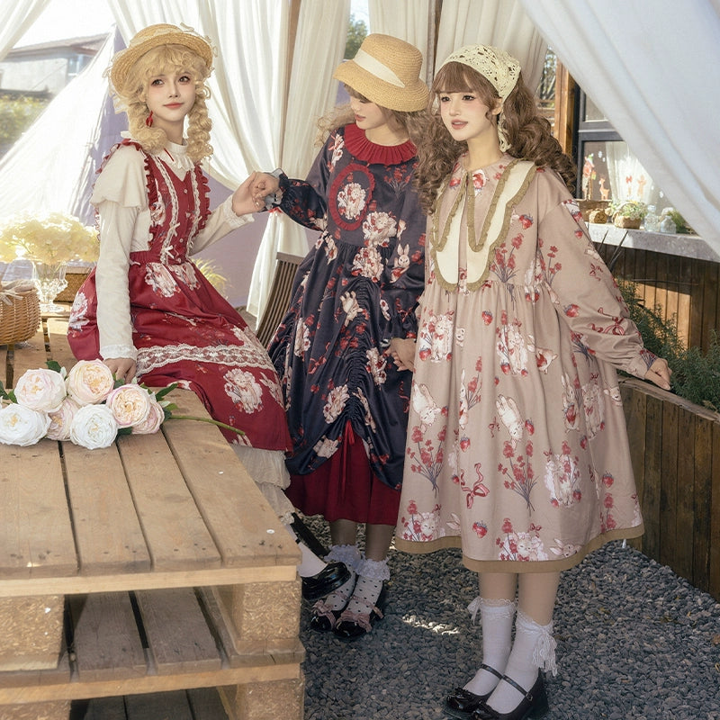 With PUJI~Sheepberry Bunny Air~Sweet Lolita Dress Velvet Print JSK and OP