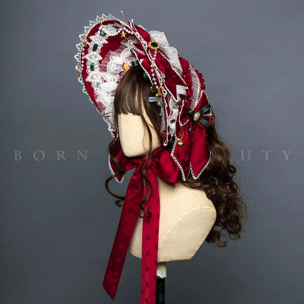 Youpairui~Leicester~Elegant Lolita Red Christmas Headdress free size bonnet 