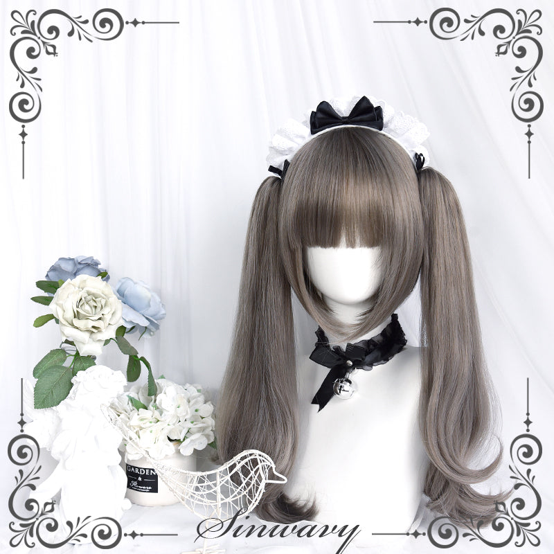 Sinwavy~Pandora's Box~Lolita Short Wig with Cute Double Ponytails flaxen gray - long micro curls, only a pair of ponytails  