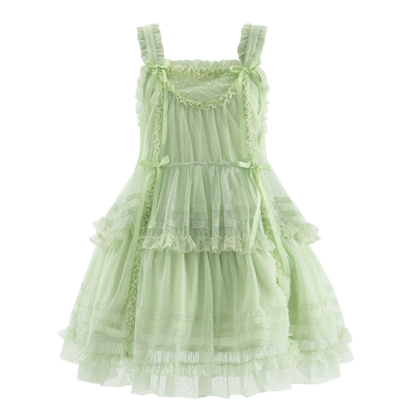 Polyhymnia - Secret Forest - Classic Lolita JSK Dress Multi-layered Dress Summer Gauze Dress In stock Green - Short version - XS