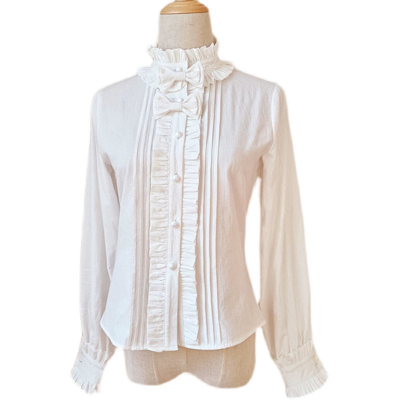 Youlan Lane~Winter Cotton Lolita Blouse White Long Sleeve Stand Collar Shirt white XS 