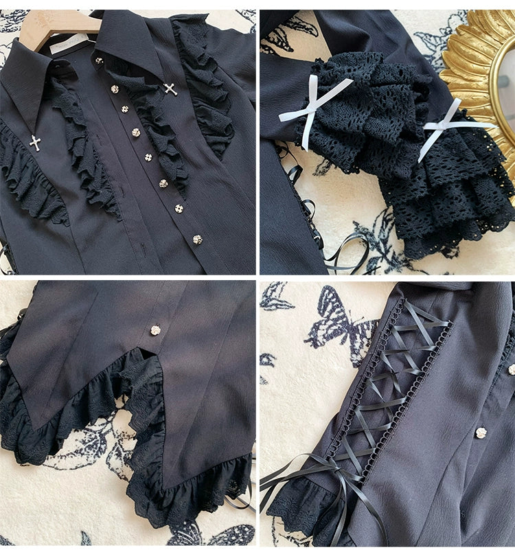 With PUJI~ Gothic Lolita Blouse Black White Waist-Tie Shirt