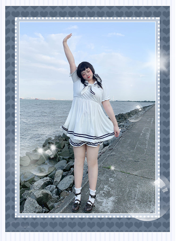 Niu Niu~Plus Size Lolita Dress Navy Sailor Swimsuit Short Sleeve