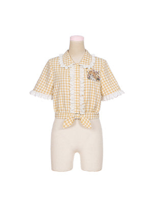 (Buyforme)To Alice~Fashionable Lolita Yellow Plaid Short Sleeve Blouse 0(S) yellow plaid short sleeve blouse 