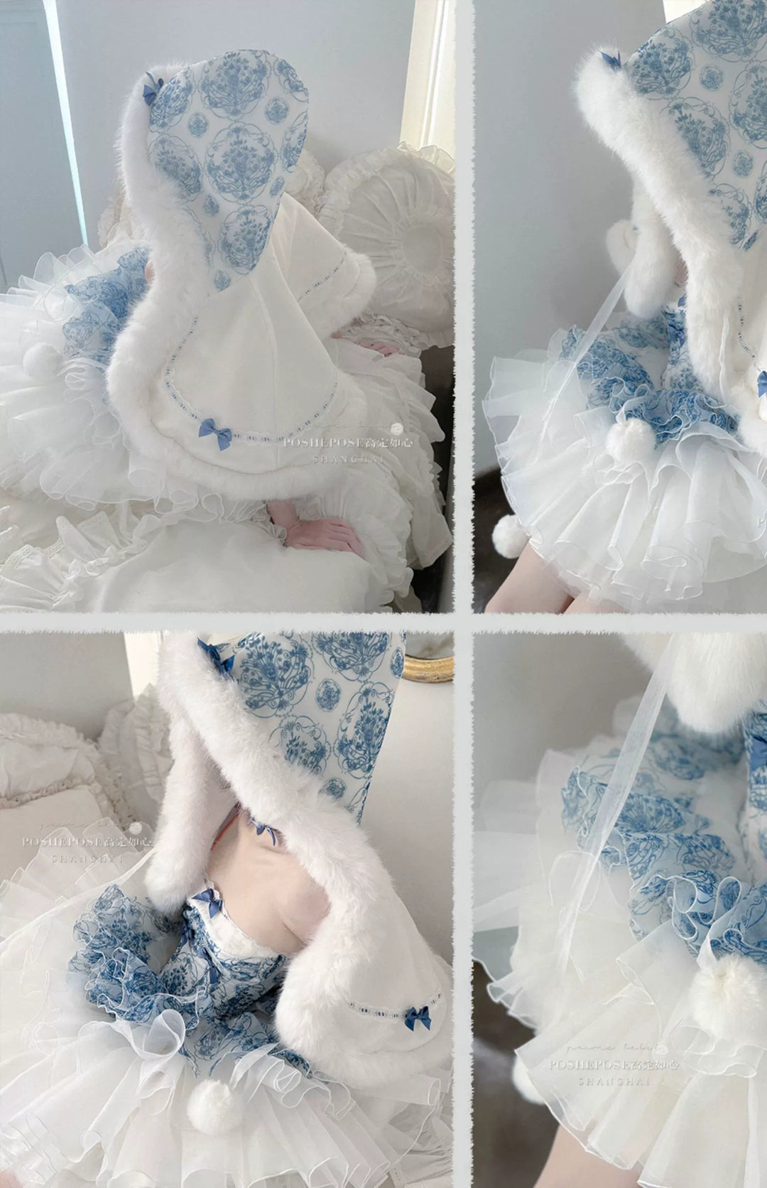 POSHEPOSE~Blue and White Porcelain~Princess Lolita Cake Skirt JSK Dress Plush Cape