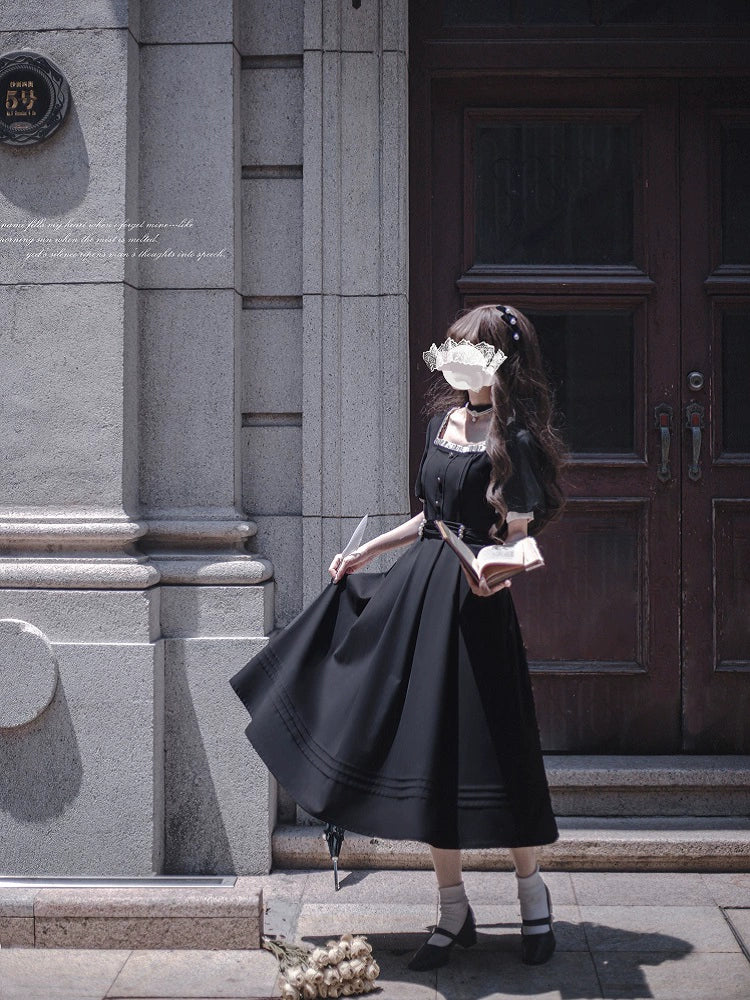(BFM)HuTaoMuJK~Thoughts~Vintage Lolita OP Dress Square Neckline Black Lolita Dress 35832:504710