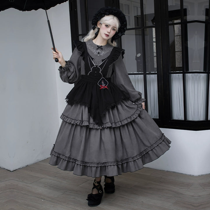 With PUJI~Castle Night~Gothic Twins Lolita OP Three-tiered Embroidery Dress