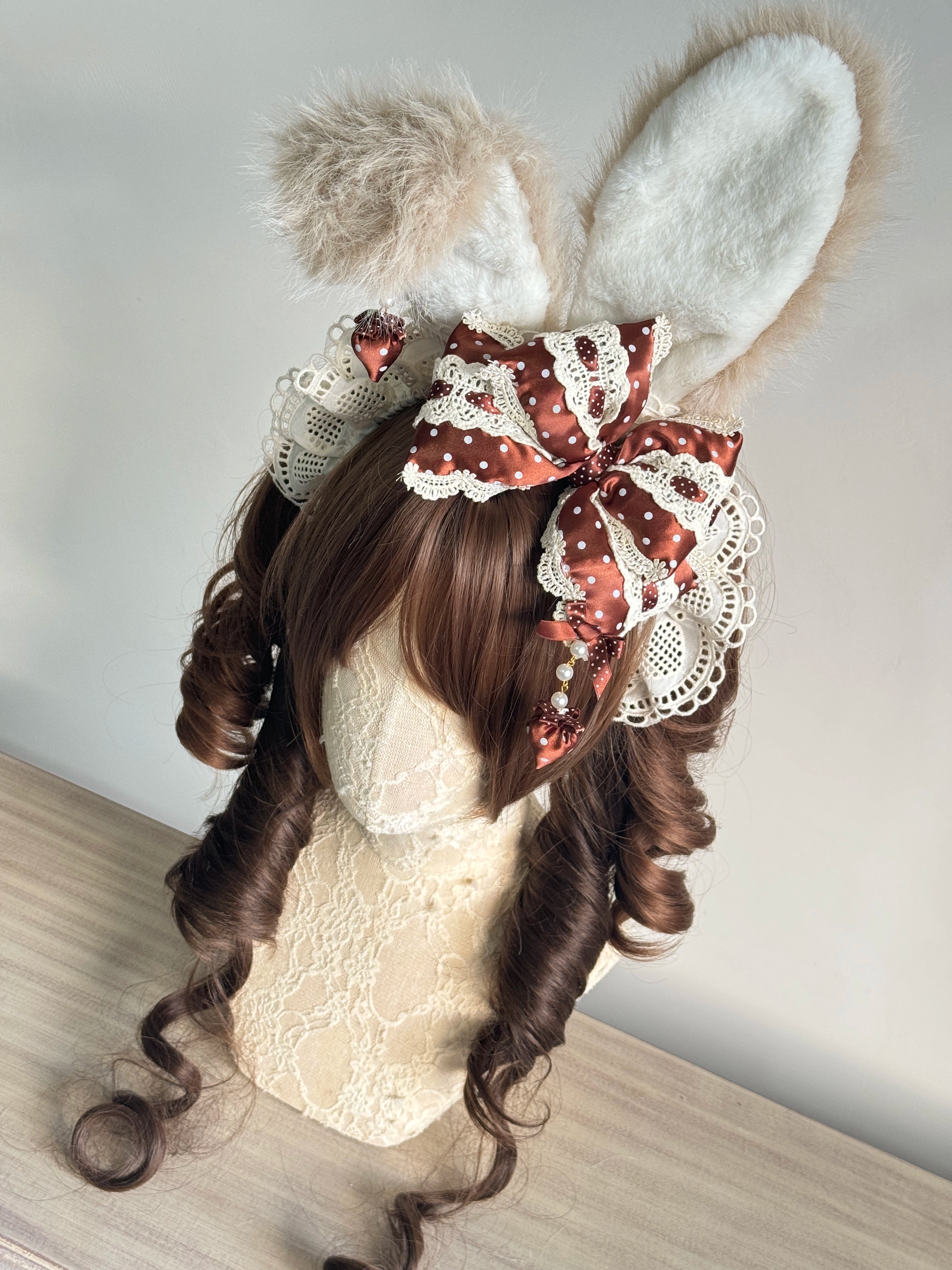 MAID - Sweet Lolita Headdress, Polka Dot Bow, Bunny Ear Brown Bow + Beige Bunny Ears