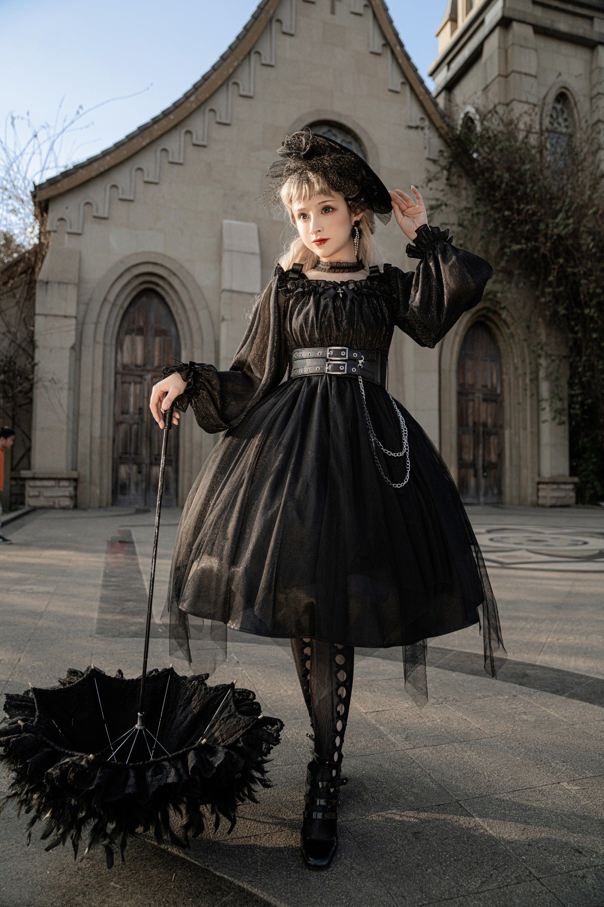 Cornfield Lolita~The Girl Assassin~Halloween Gothic Lolita Irregularly Hemline Dress L black(short version)+NO.4 hairband 