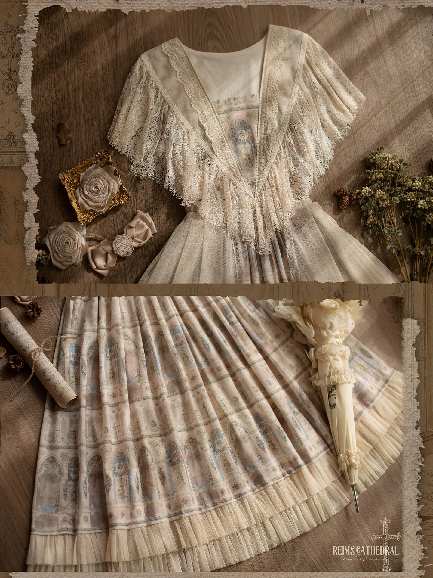 Reims Cathedral - Printed Classic Lolita Dress, Detachable Gauze Outlayer 44701:819135