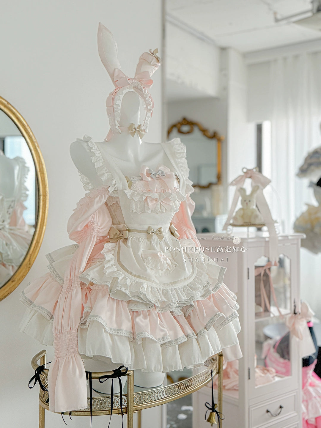 POSHEPOSE~Maid Bunny~Gorgeous Sweet Lolita OP Dress with Detachable Sleeves and Apron