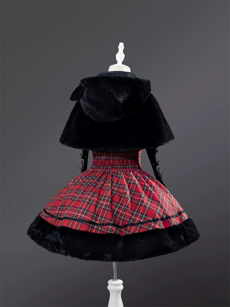 To Alice~Black Cat and Miss~Christmas Sweet Lolita Plaid Dress with Hooded Cape 41288:708100