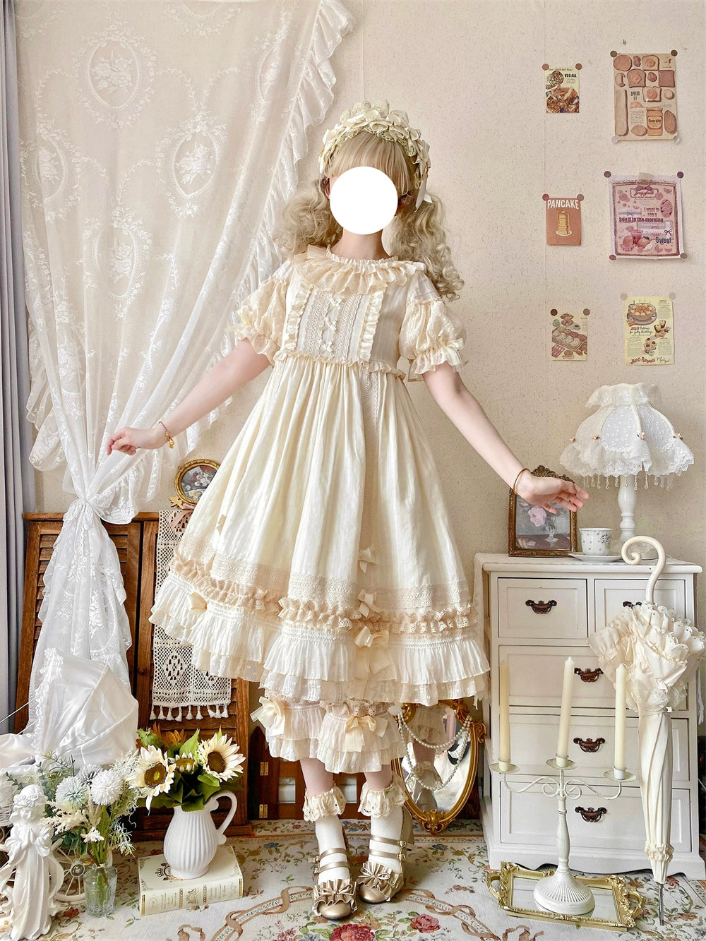 Ilovexiaolu - Meow Lullaby - Cotton Kawaii Lolita OP Dress with Removable Kitty Apron Apricot - OP S Long Version