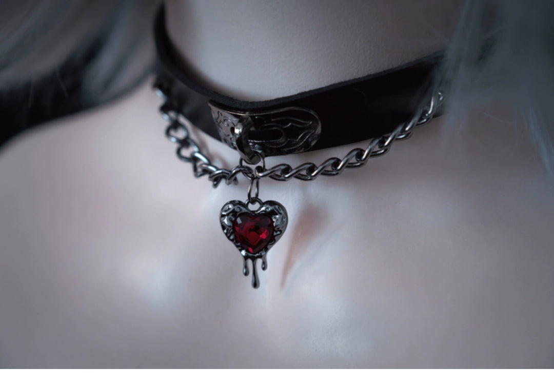 Strange Sugar~Gothic Lolita Choker Faux Leather Heart Pendant Necklace 1 Red heart pendant  