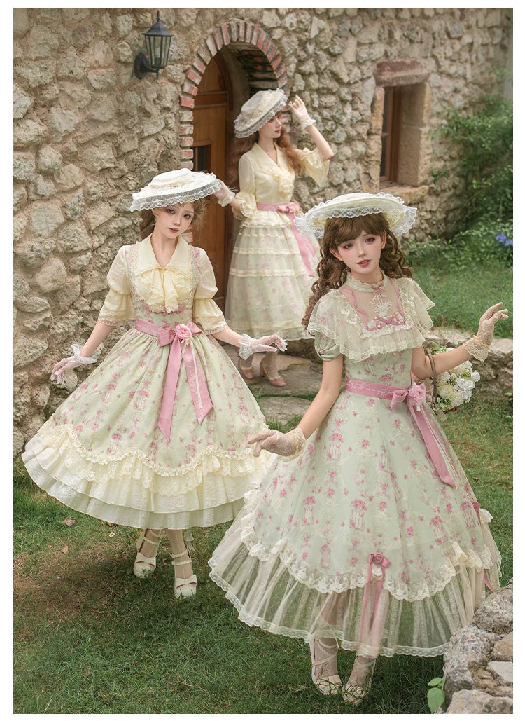 Wind Swept Roses - Classic Lolita Rose Printed Dress Set, Petal Hem