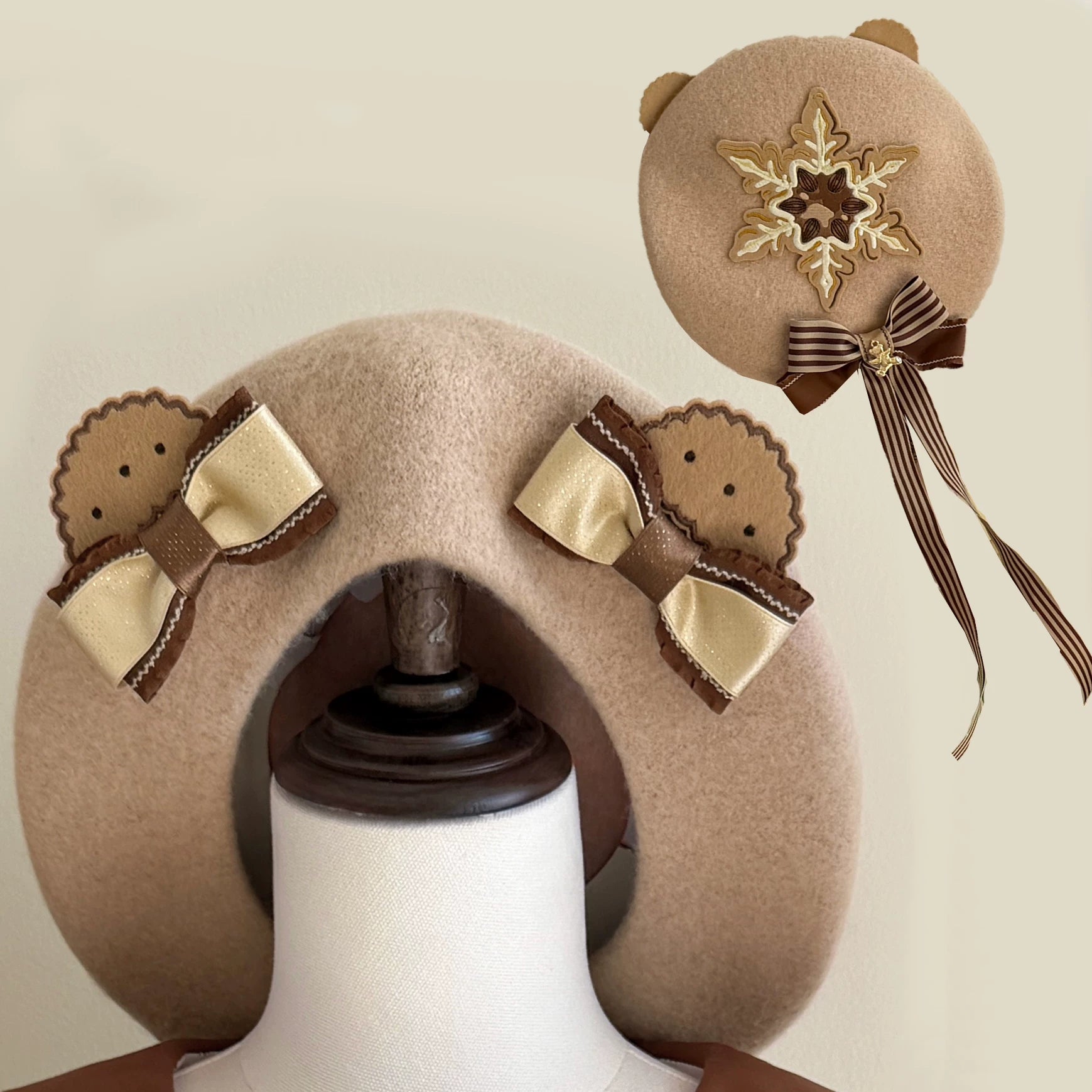 Cream Bear - Print Kawaii Lolita Fake Two-Piece OP, A-lined JSK Dress (Beret / L M S XL) 44502:811658