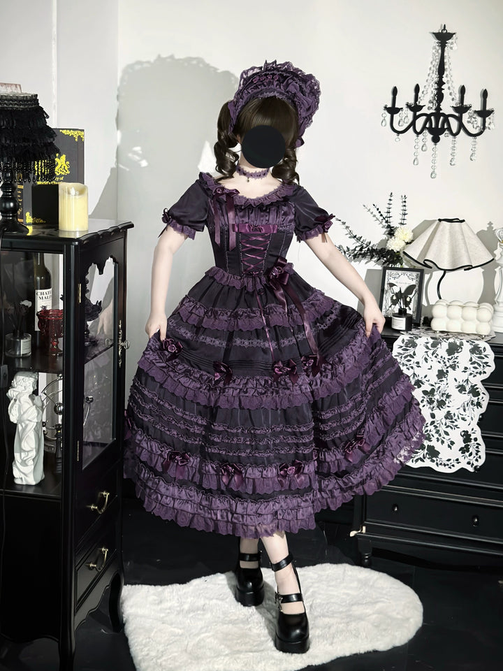 Uncle Wall Original~Stacked Black Currant~Gothic Lolita OP Dark Adjustable Lolita Dress   