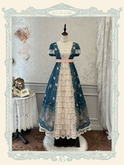 Alice girl~Night Rose~Retro Lolita Dress Floral Print Short Sleeve OP Dress dark blue (long style) XS 