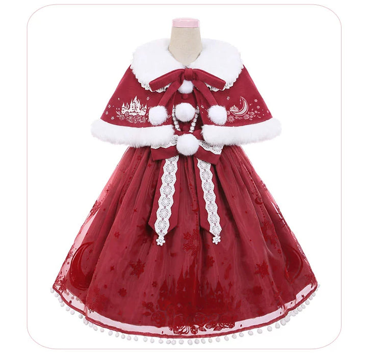 To Alice~Snow Moon Castle~Sweet Lolita Jumper Dress Set Christmas Plush Cape S Wine-red suit 