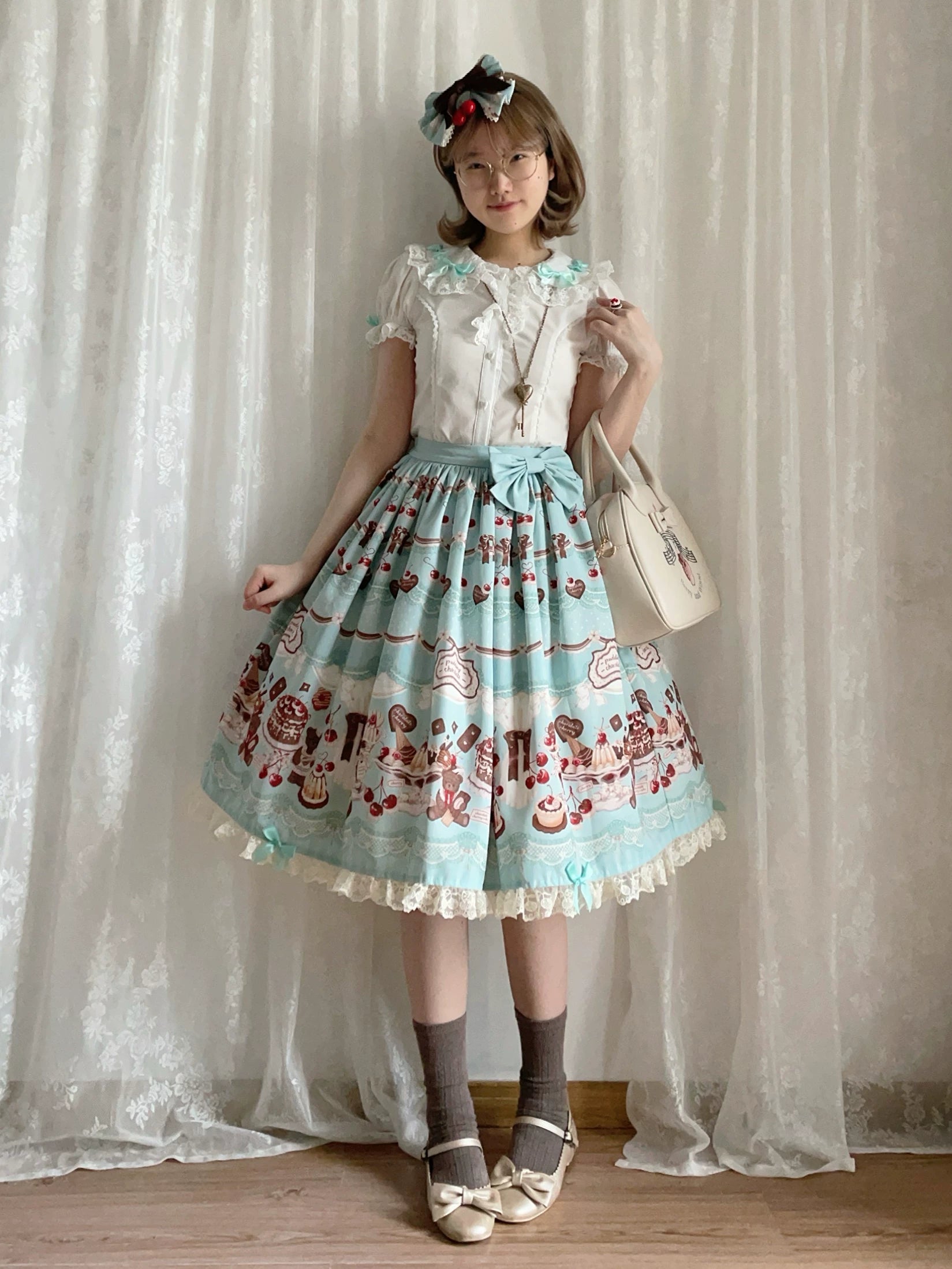 Cherry Choco Bear - Kawaii Lolita Elastic Skirt, Dessert and Cherry Print Mint Blue - Long Skirt Only (with detachable waist bow) S