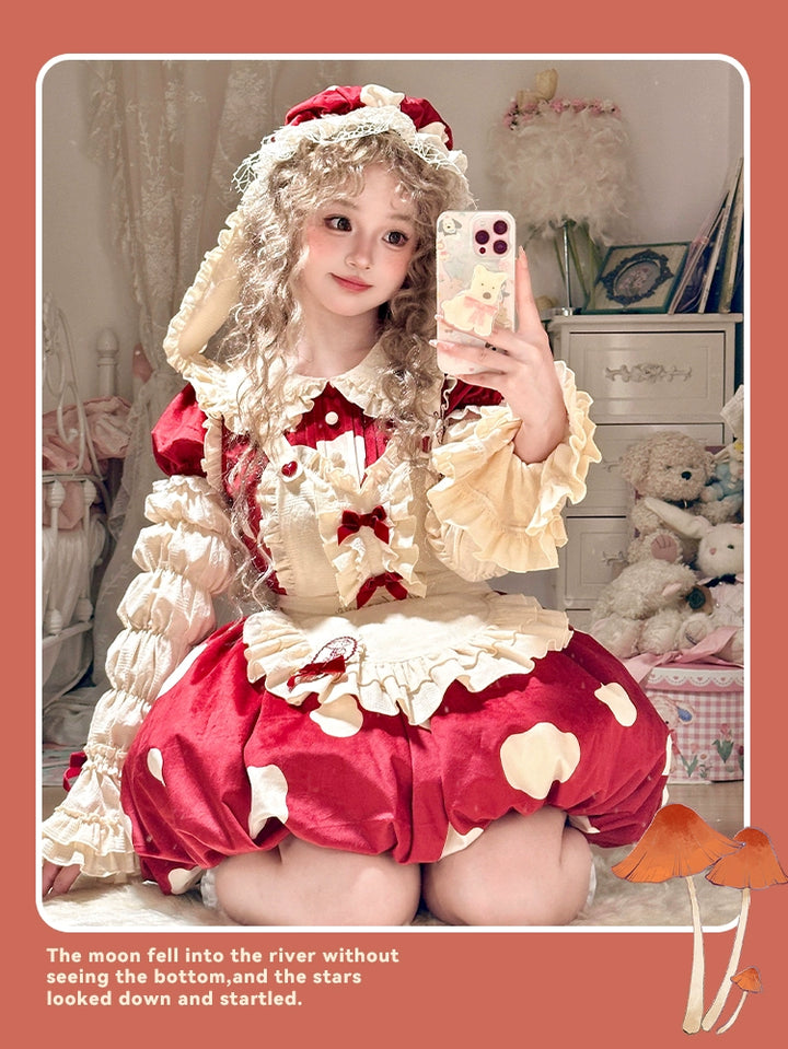 Sakurahime~Mushroom~Kawaii Lolita OP Dress with Apron and Detachable Sleeves