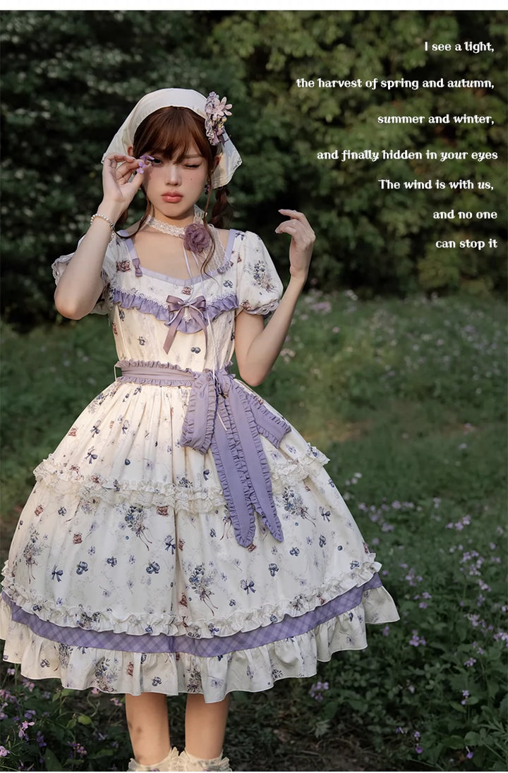 (BFM)Strawberry Fantasia~Blueberry Pie~Country Lolita OP Short Sleeve Floral Printing Dress   