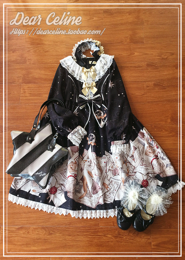 Dear Celine - Cat Professor's Magic Class - Daily Lolita OP Dress Long Sleeve Dress S Black