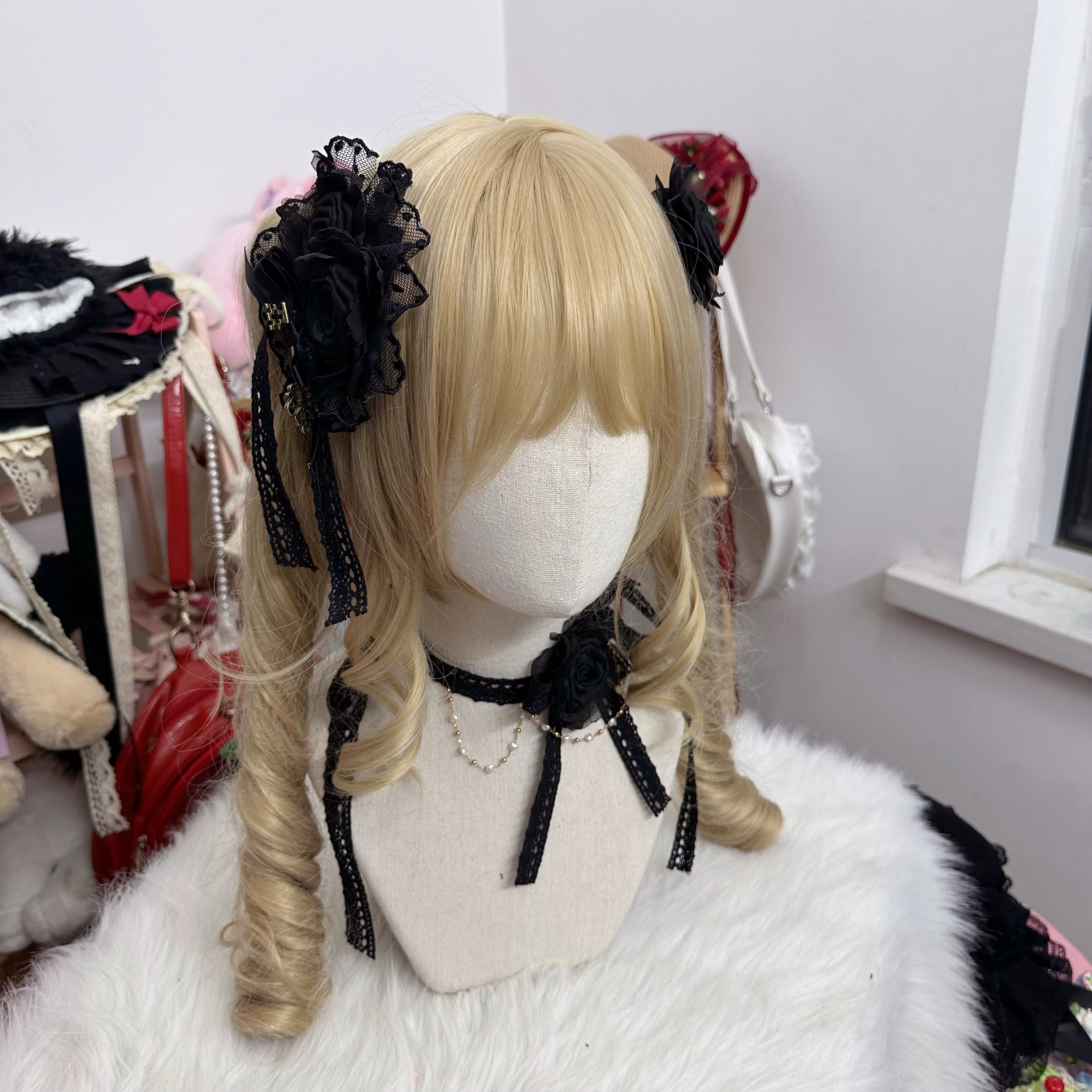 Chestnut Lolita - Elegant Lolita Rose Choker Handmade Headdress Set Multicolors solid black rose flower headdress