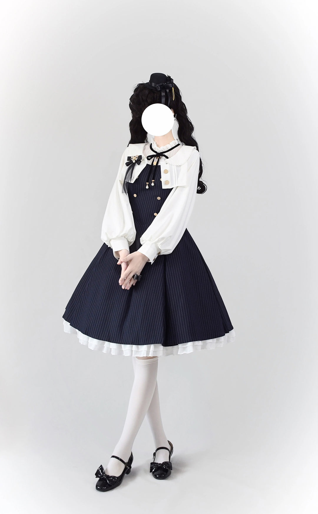 One Button~3.0 Star Astrologer~Classic Lolita JSK Stripe Eight-panel Lolita Skirt Dark blue stripes XXS Mutton sleeves bolero only