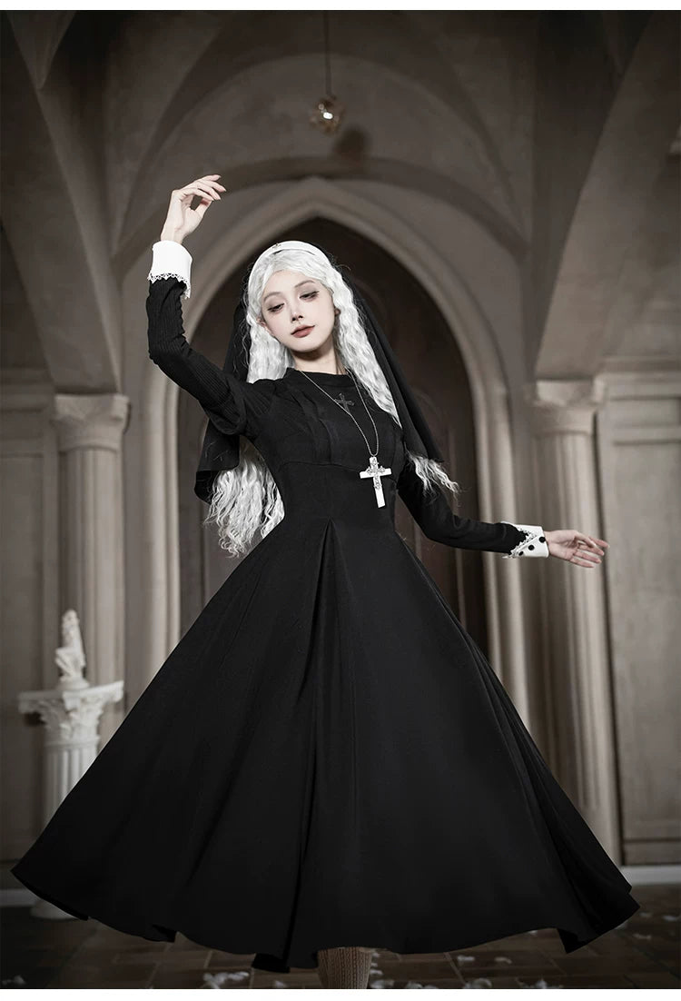 Nihil - Gothic Nun Lolita OP Dress, Irregular Hem Cape 44717:819764