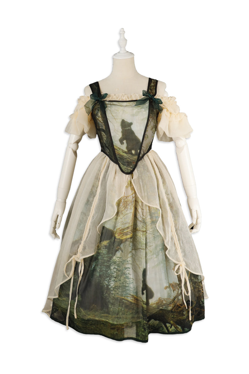 Cyan - Morning of Pine Forest - Elegant Lolita Bear Print Skirt S skirt+No.2 corset+beige inner skirt